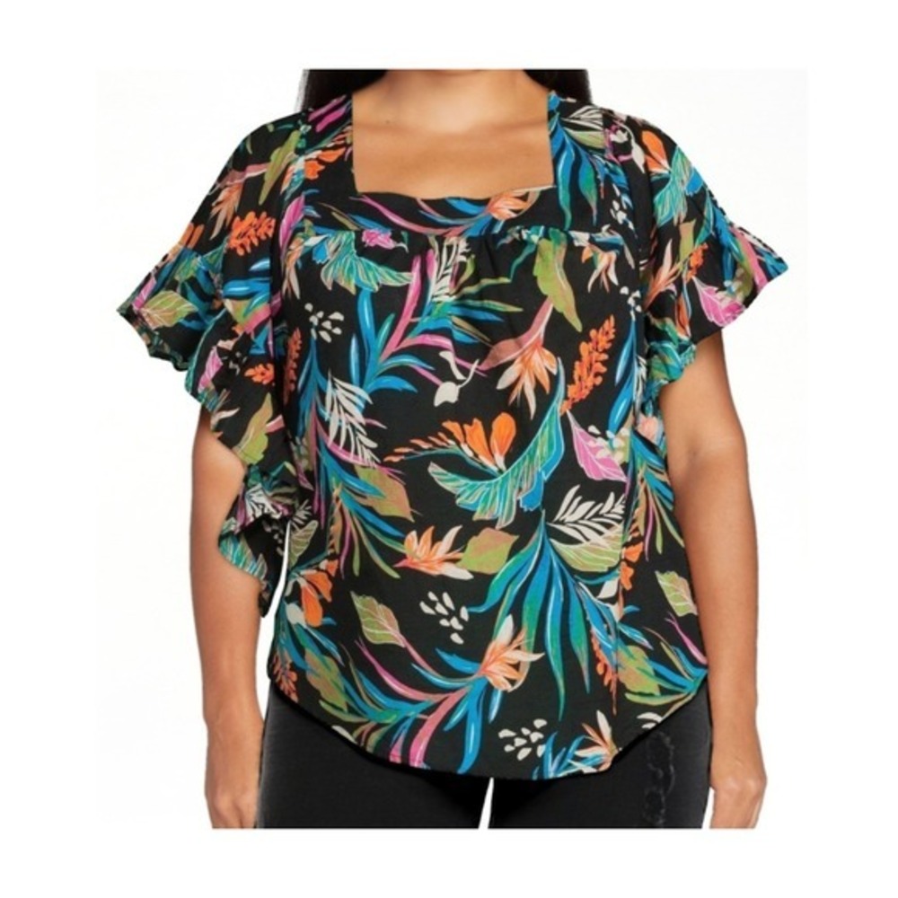 Women's Cotton Plus OX Square Neck Tropical Floral Peasant Top Summer Festival